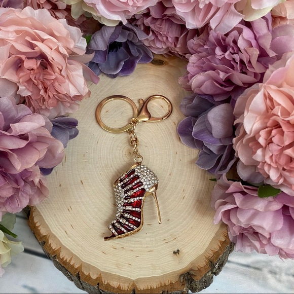 Red & Gold Crystal High Heel Shoe on Gold Keychain - Picture 3 of 8